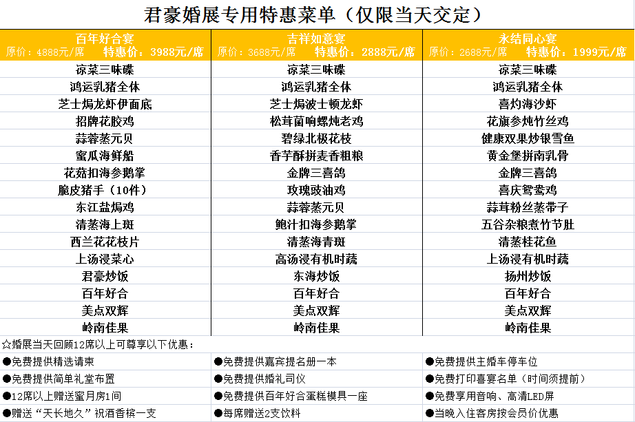 福利1:婚展当天下定尊享8折特惠菜单福利2:君豪驰名月饼免费品尝福利3