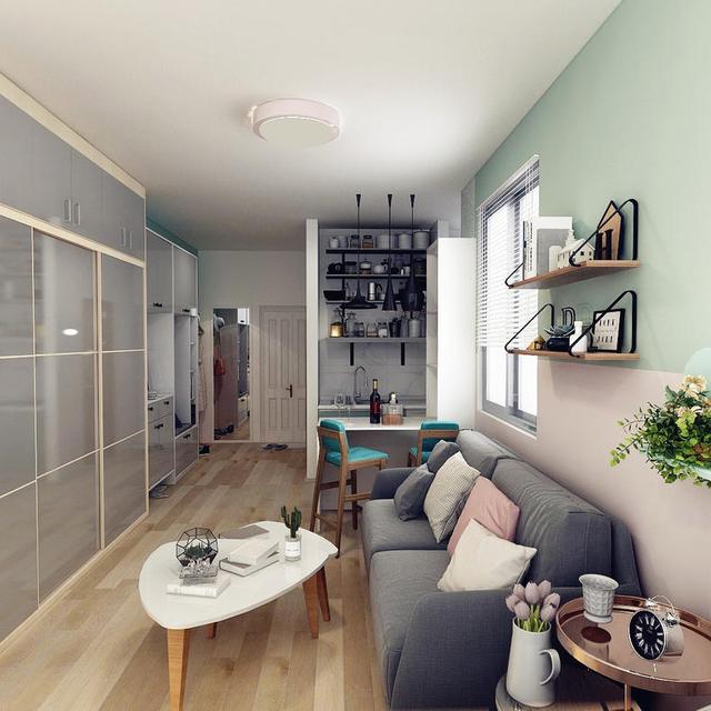 吃土少女爆改35㎡出租屋,墙刷粉绿色