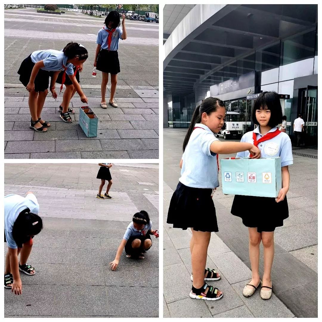 陈梓萱穿着校服,带着我们自制的垃圾分类小知识的宣传单和分类垃圾桶