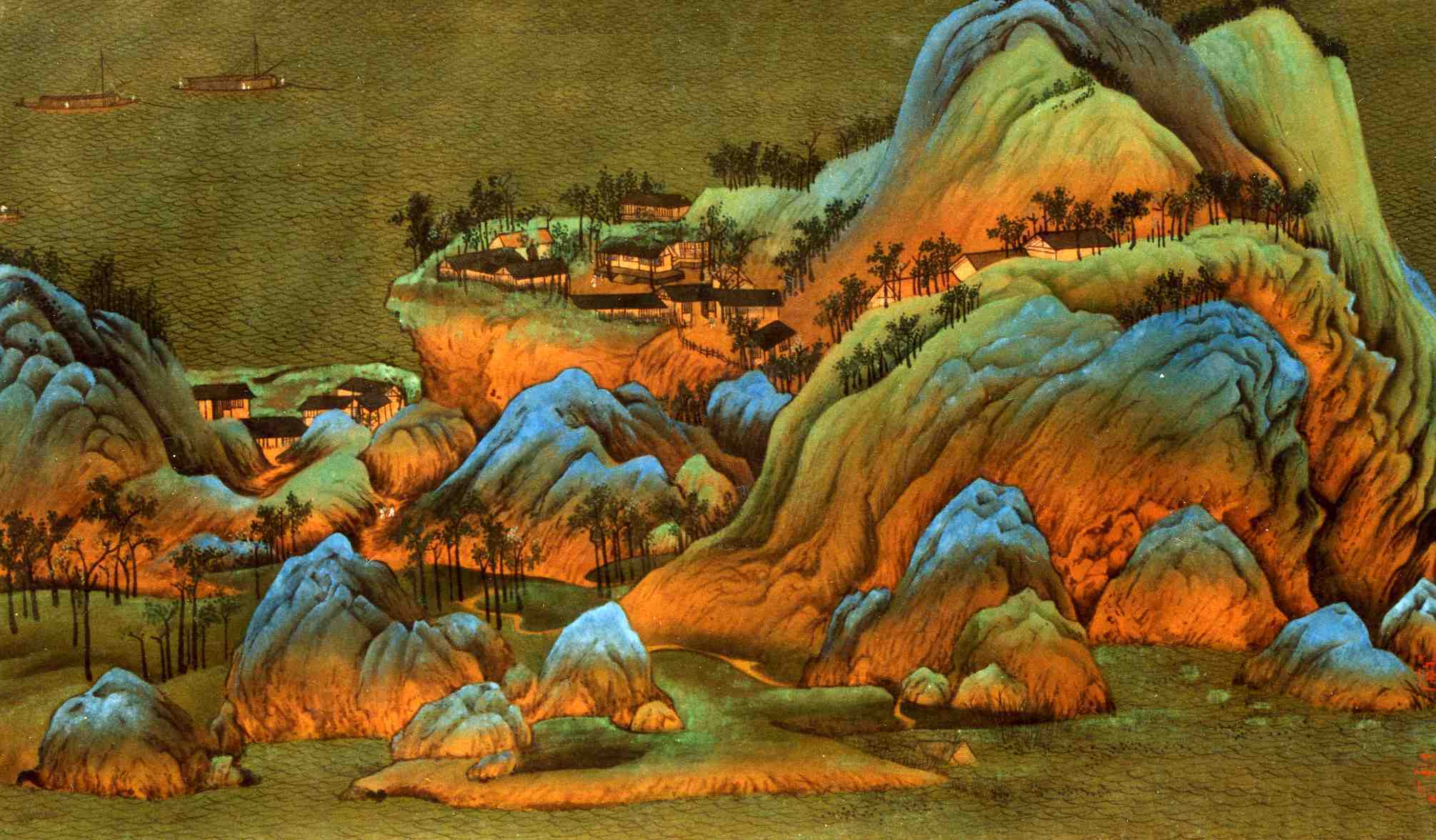 《千里江山图》纵看有千里,咫尺有生趣.卷纵51.5厘米,横1191.
