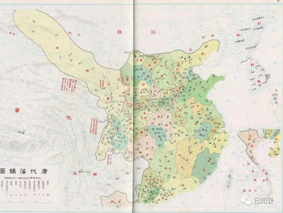 唐朝藩镇割据图从图中可见,北方各道藩镇林立,相比天宝年间十大节度使