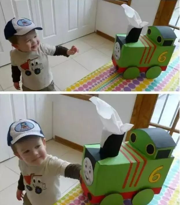 幼儿园亲子手工之废物利用:纸巾盒制作托马斯小火车,超形象!瞧!