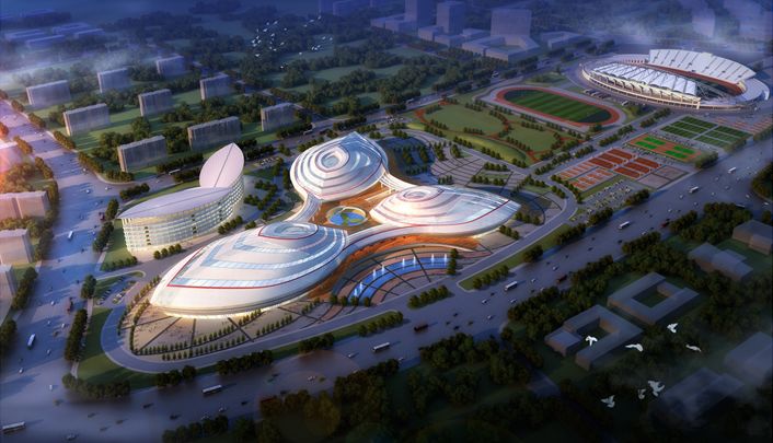 体育中心二期"三馆一中心"局部效果图建筑立面局部还会穿插红色线条