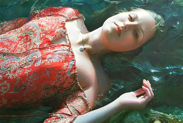 原创他画腻了美女画了7幅落水女放大8倍湿透的露肩花裙清晰可见