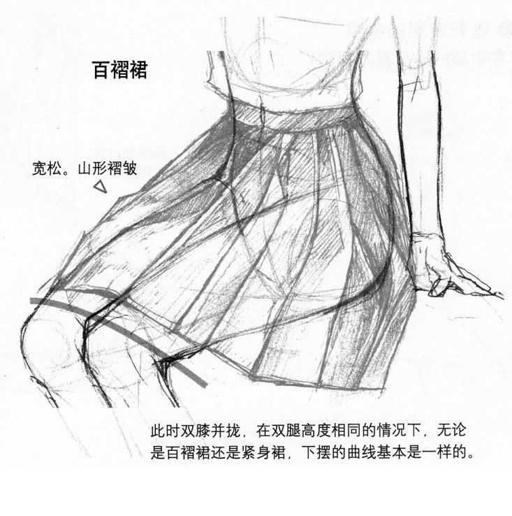 注意此时双膝并拢,在双腿高度相同的情况下,无论是百褶裙还是紧身裙