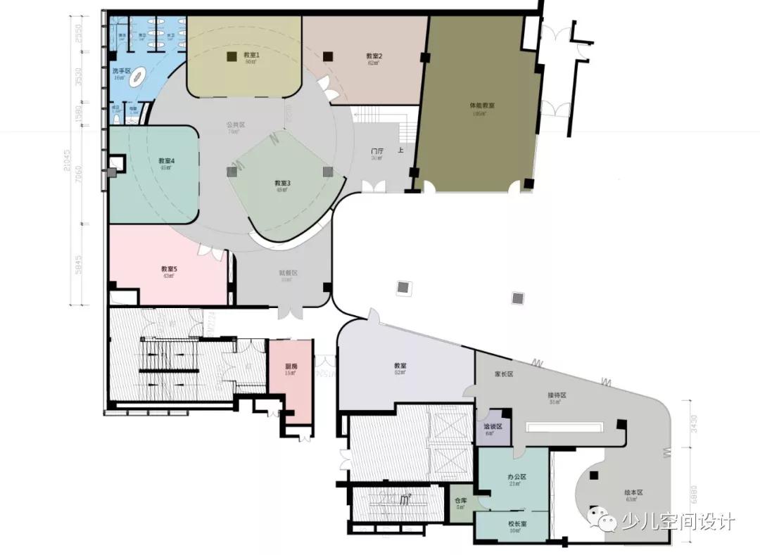 教育城前端体块包含前台接待区,早教教室,书吧;中端主要为托管教室