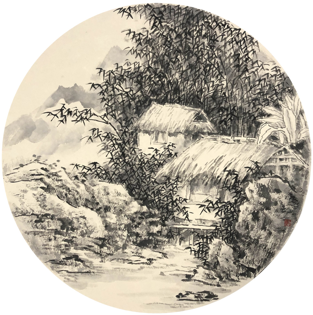 幽居竹林深处 50x50cm△悬崖流瀑声更喧 50x50cm△村舍小屋丛树隐