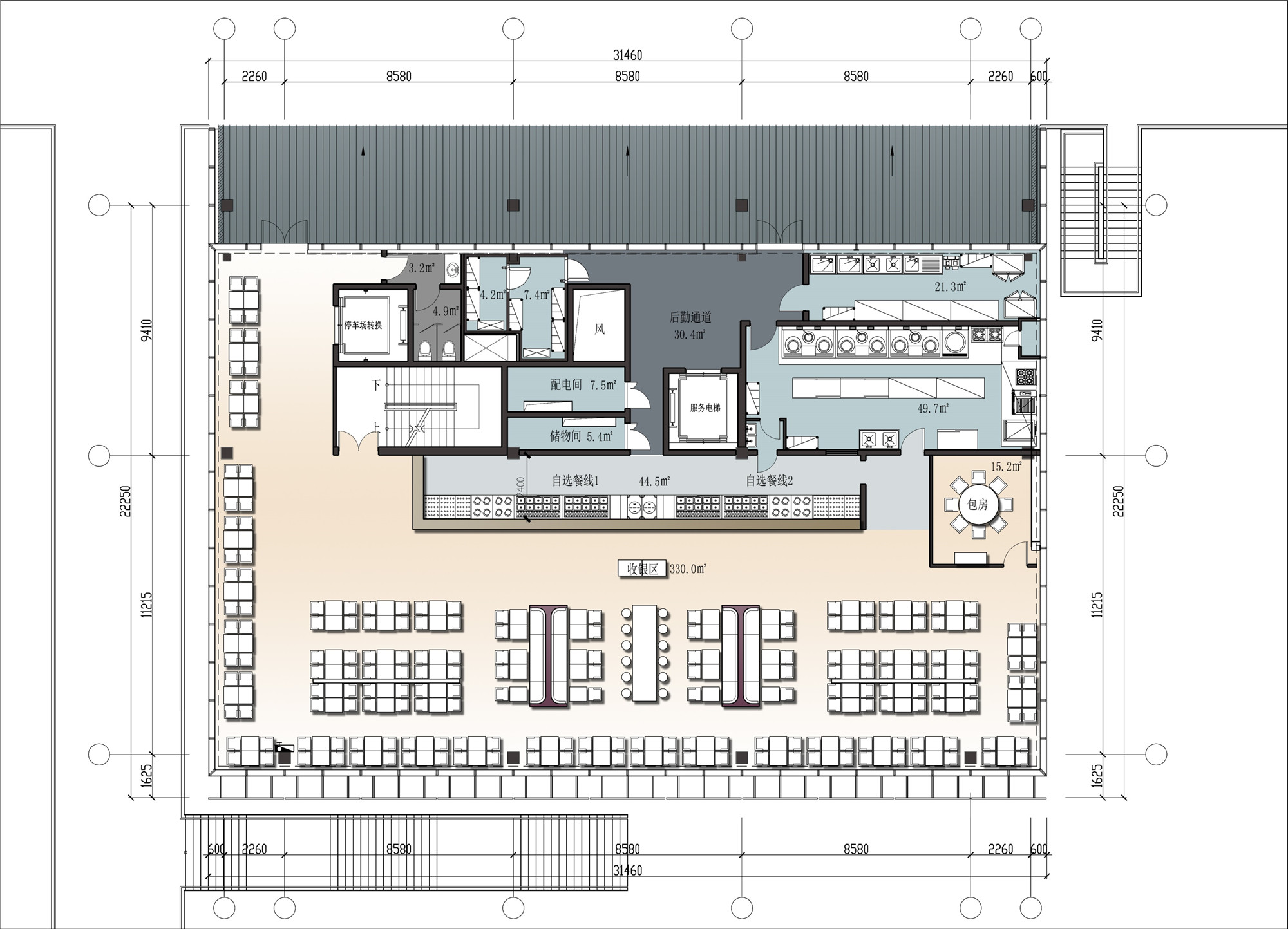 给人一种视觉的连贯感▼一层平面,特色小吃档口