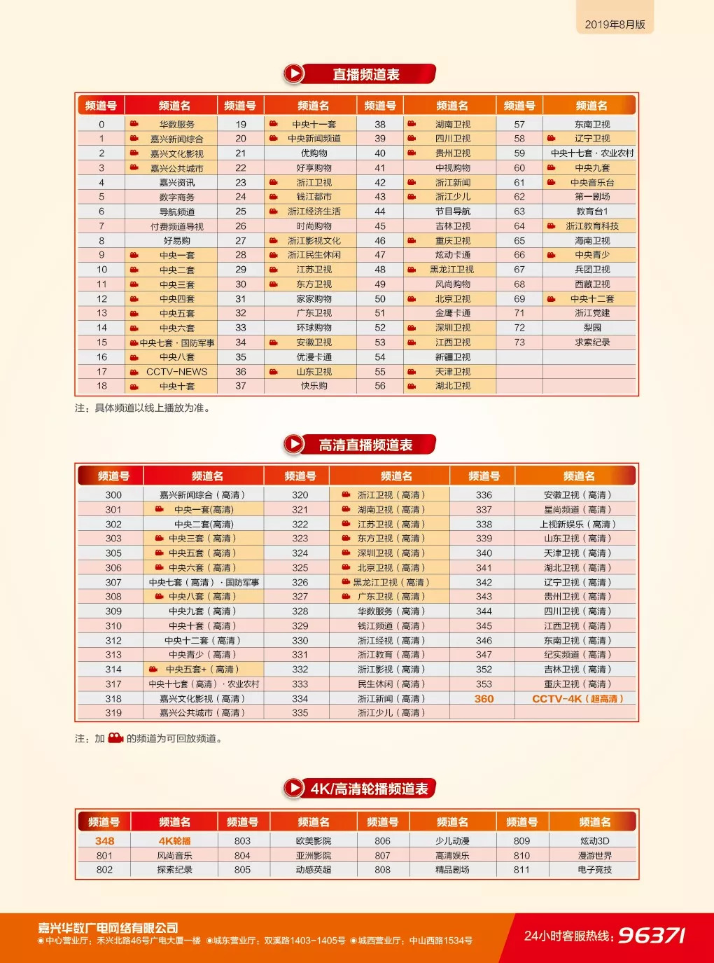 最新版本频道表(2019年8月版)客服电话:96371嘉兴华数广电网络有限