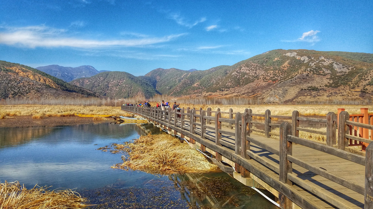 走婚桥摩梭小哥的歌声儿回荡在山间感受飞鸟从头顶略过躺在船上任思绪