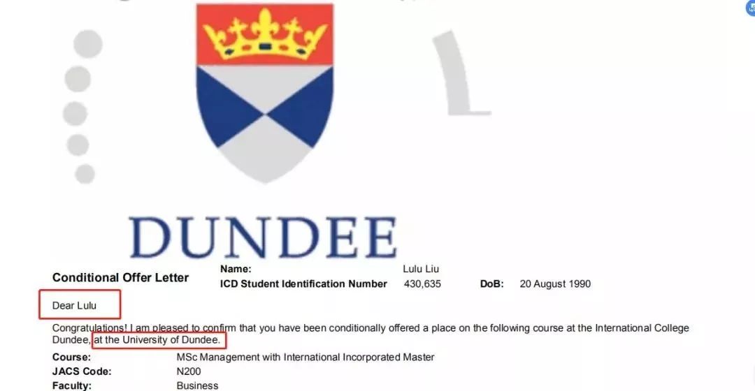 露露收到邓迪大学的mba录取通知书