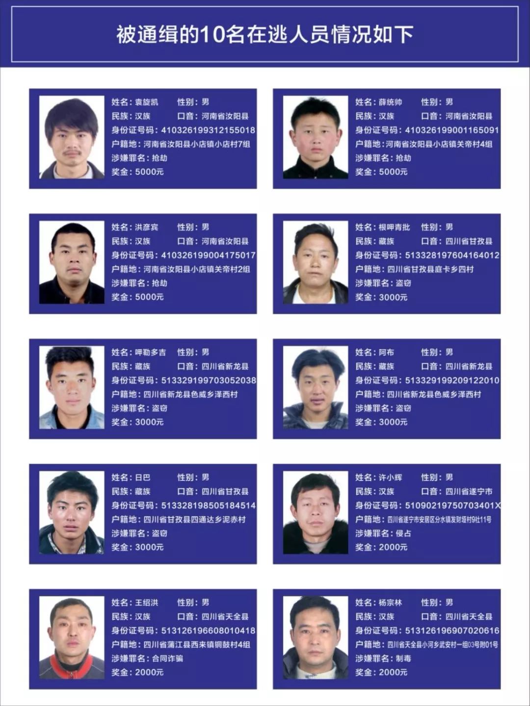 天全警方通缉10名在逃人员