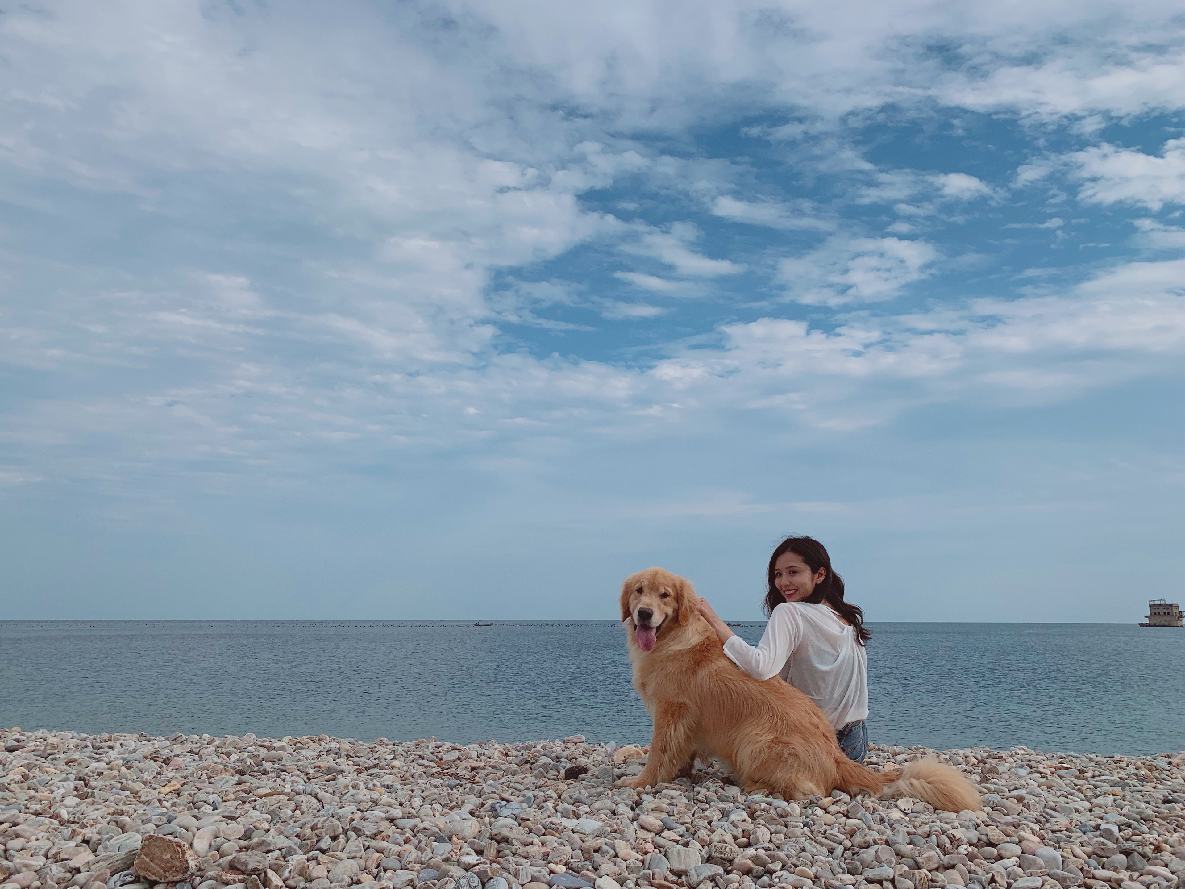 近日,剧中主演王蕾微博公布了一组与导盲犬奶油在海边玩耍的照片