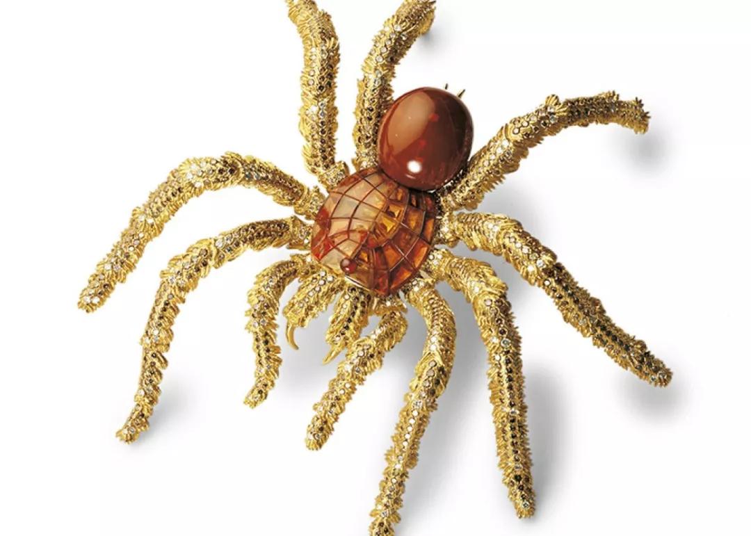 塔兰托毒蛛胸针:黄金,钻石,蓝宝石,孔克珠"美味珠宝"系列——青豆:玉