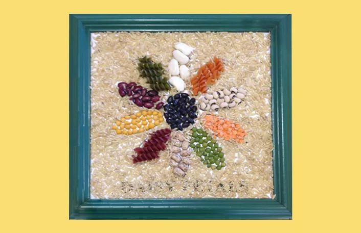 用五谷杂粮填充花瓣和中心,交替颜色对比.杂粮相框艺术相框杂粮