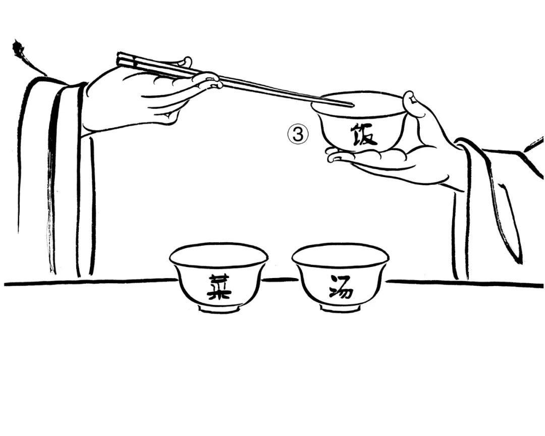 用同样的方法,把饭碗移近并端在手中端碗方法:左手四指并拢托住碗底