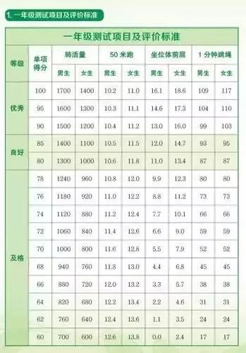 一年级体质健康检测项目有:身高,体重,肺活量,一分钟跳绳,坐位体前屈