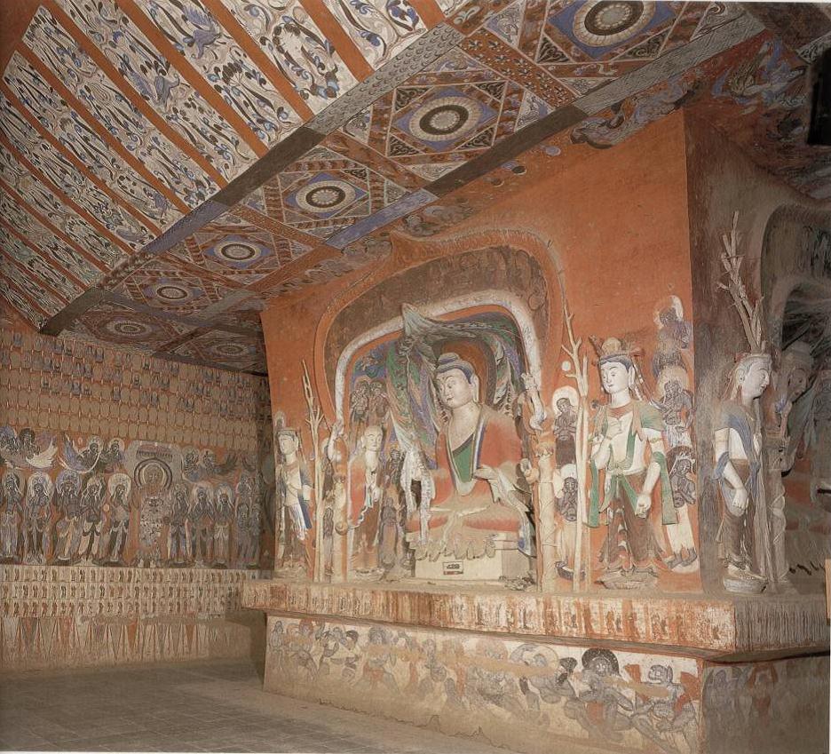 敦煌石窟北周428窟1中心柱绘塑窟顶纹样装饰丰富高清大图