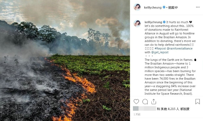 亚马逊森林大火,多位港台明星发声,好莱坞影星捐出巨款呼吁灭火