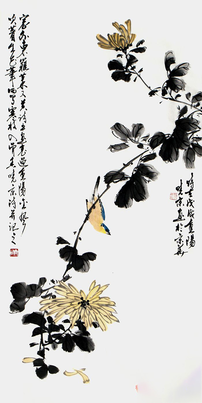 实力派画家郑晓京三尺竖幅诗画作品《重阳菊花》