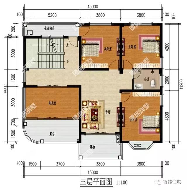 平面图:一层设有挑空的客厅,一间带独卫和飘窗设计的老人房,厨房和