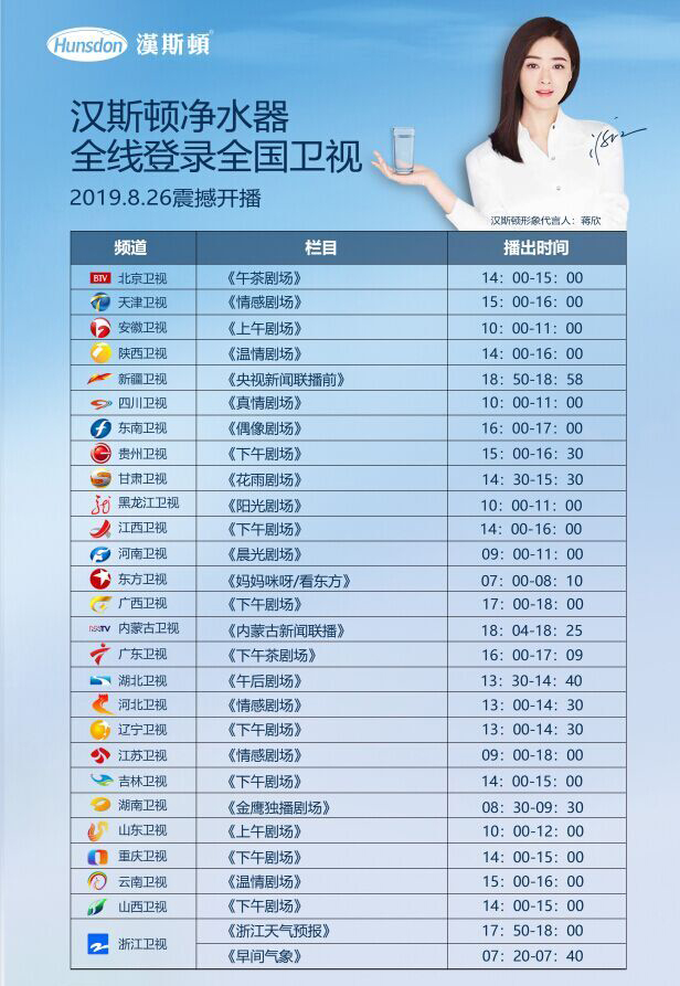 8月26日起,汉斯顿净水品牌广告片在北京卫视,浙江卫视,广东卫视,江苏