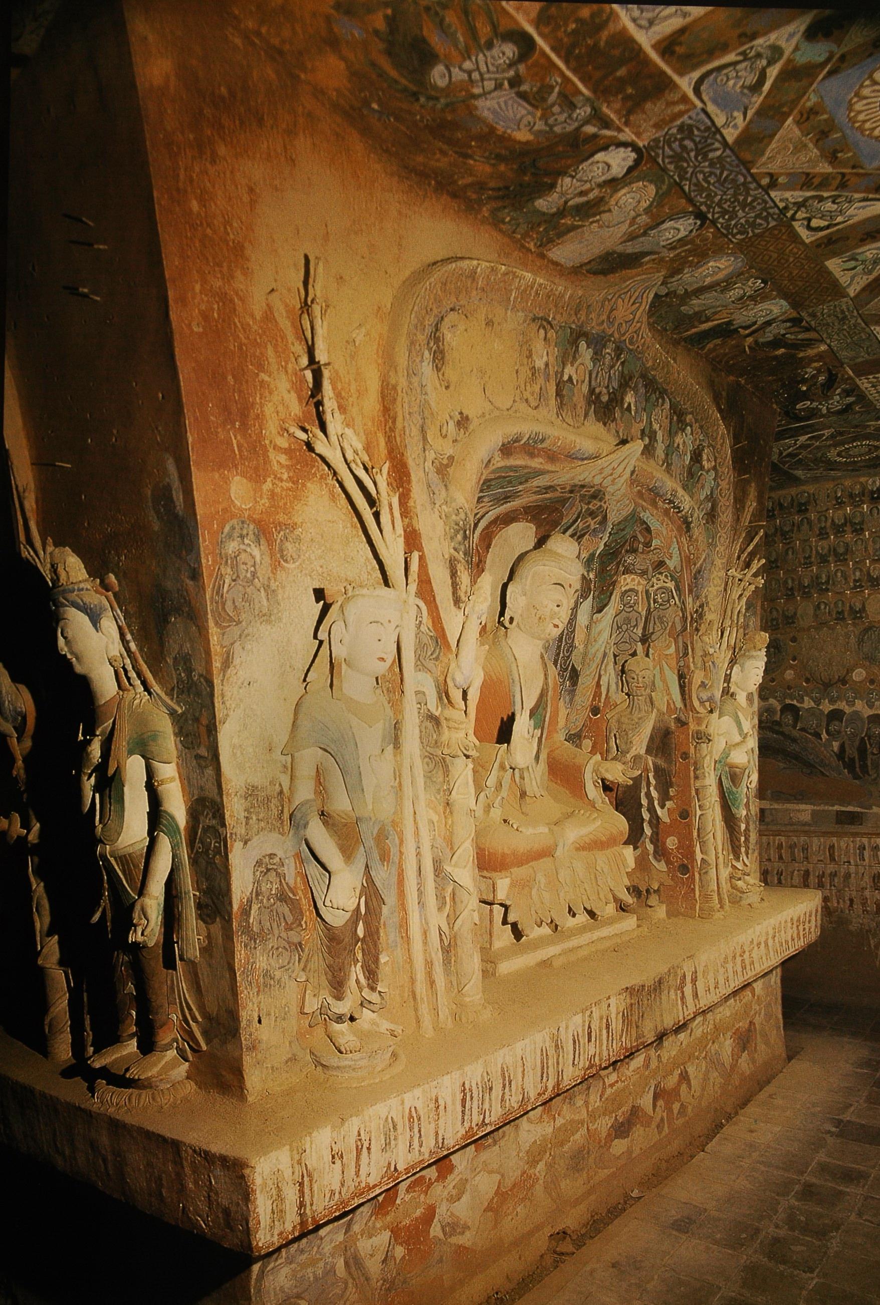 【敦煌石窟】北周-428窟【1】中心柱绘塑,窟顶纹样,装饰丰富【高清大