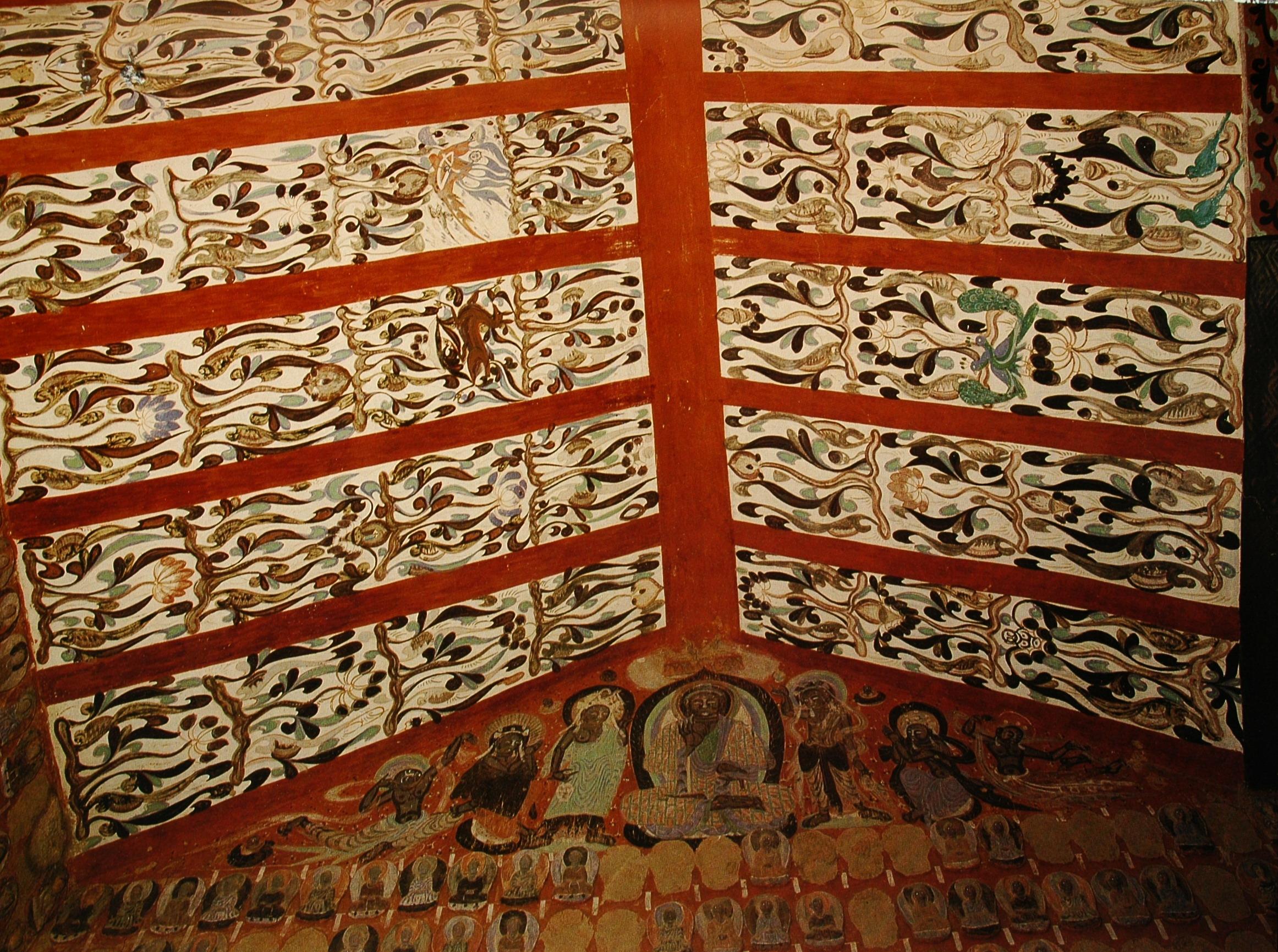 敦煌石窟北周428窟1中心柱绘塑窟顶纹样装饰丰富高清大图