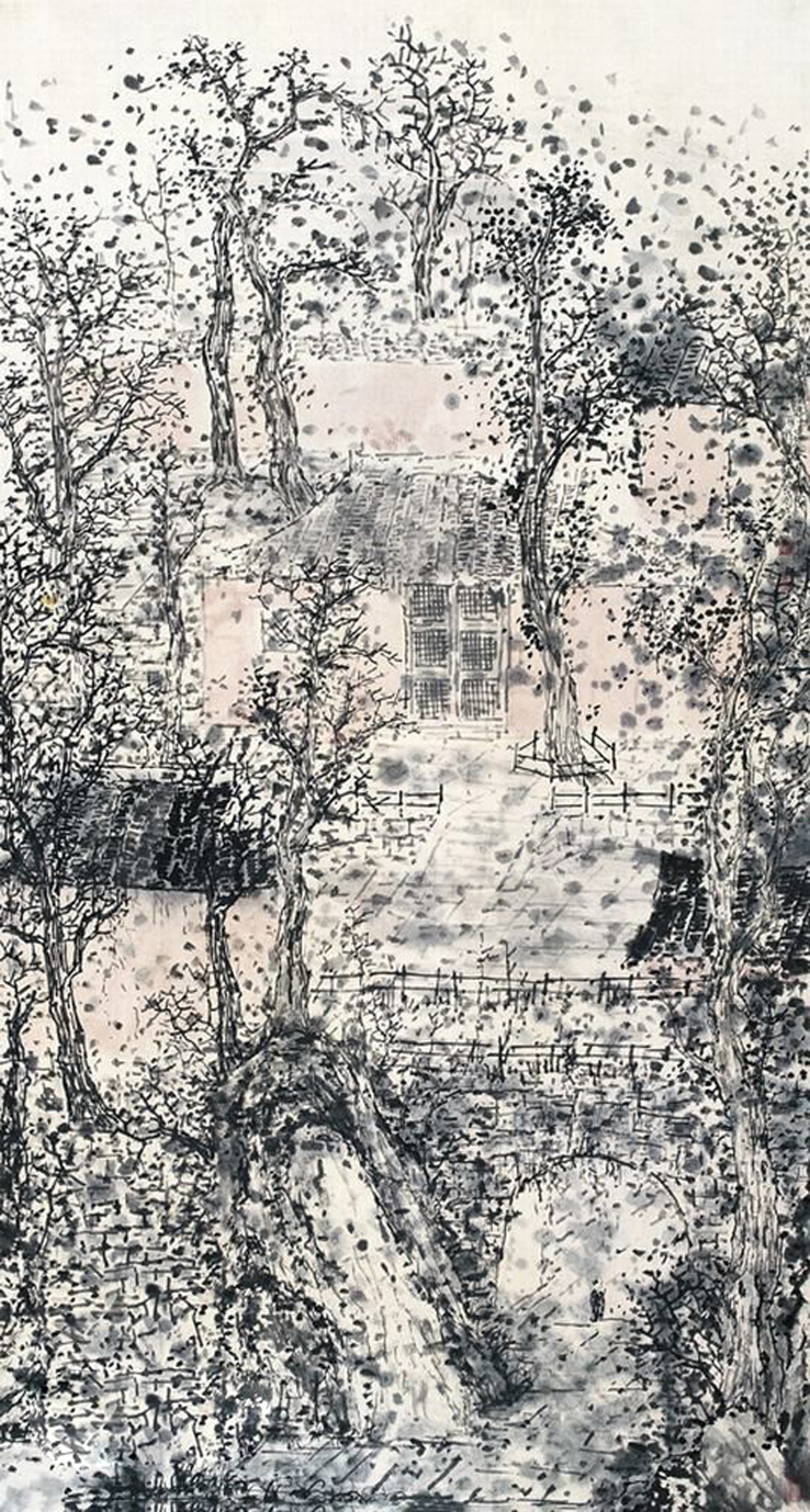 林海钟画家《颓墙残柱 老树茂林》