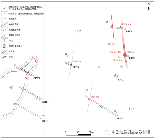 图1 宝贝铜金矿点地表取样及矿体分布图(4)新发现齐克提铁金矿点和齐