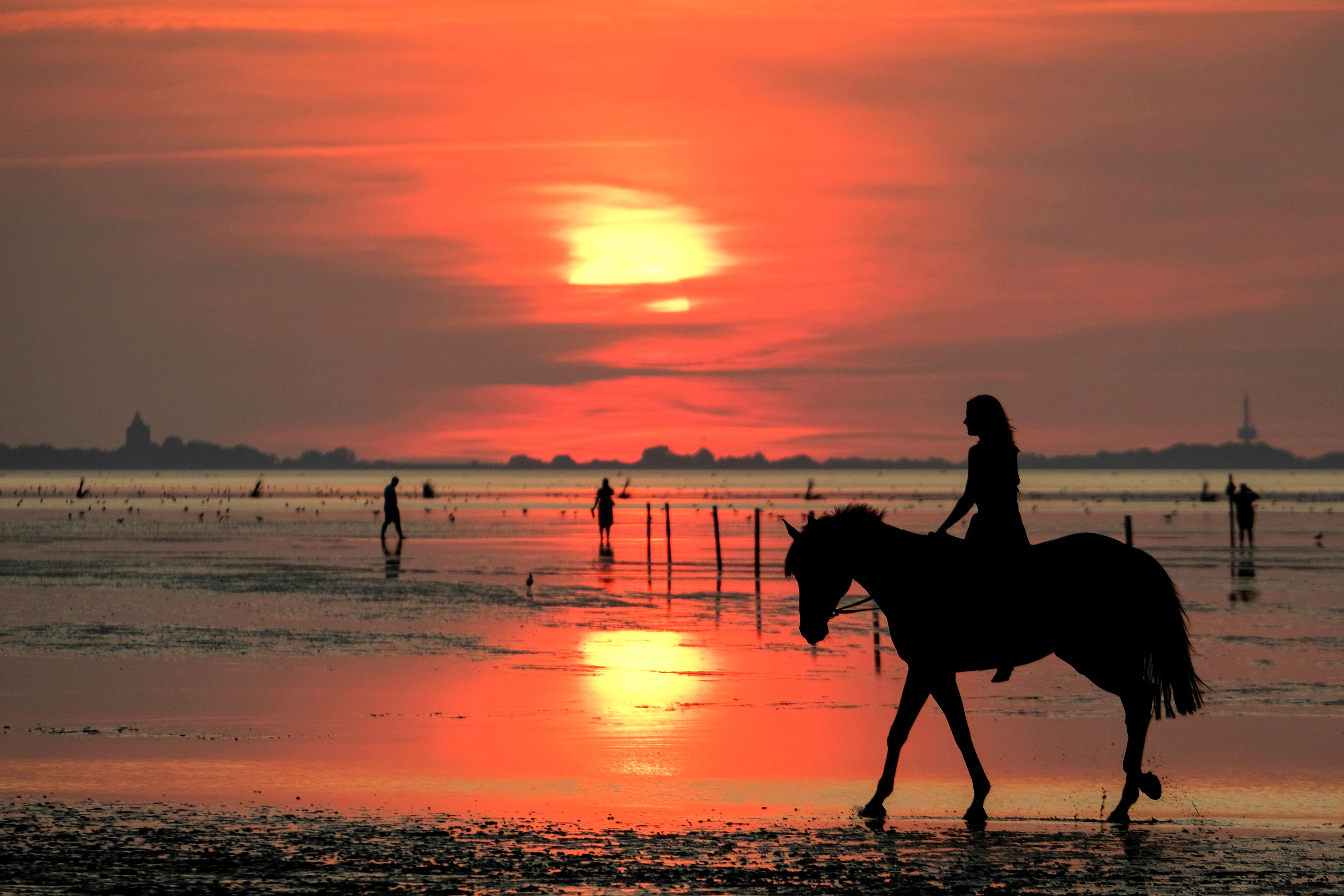 年8月27日 8月22日日落时分,在德国北部库克斯港,一名女子在海滩骑马