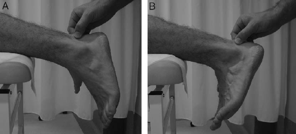 检查者确认该体位下的跟腱最大触诊疼痛点,然后患者最大限度背屈踝