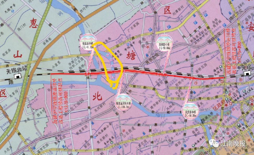 低矮的那座是原錫澄運河151號鐵路橋,高的是滬寧城際高鐵線跨錫澄運河