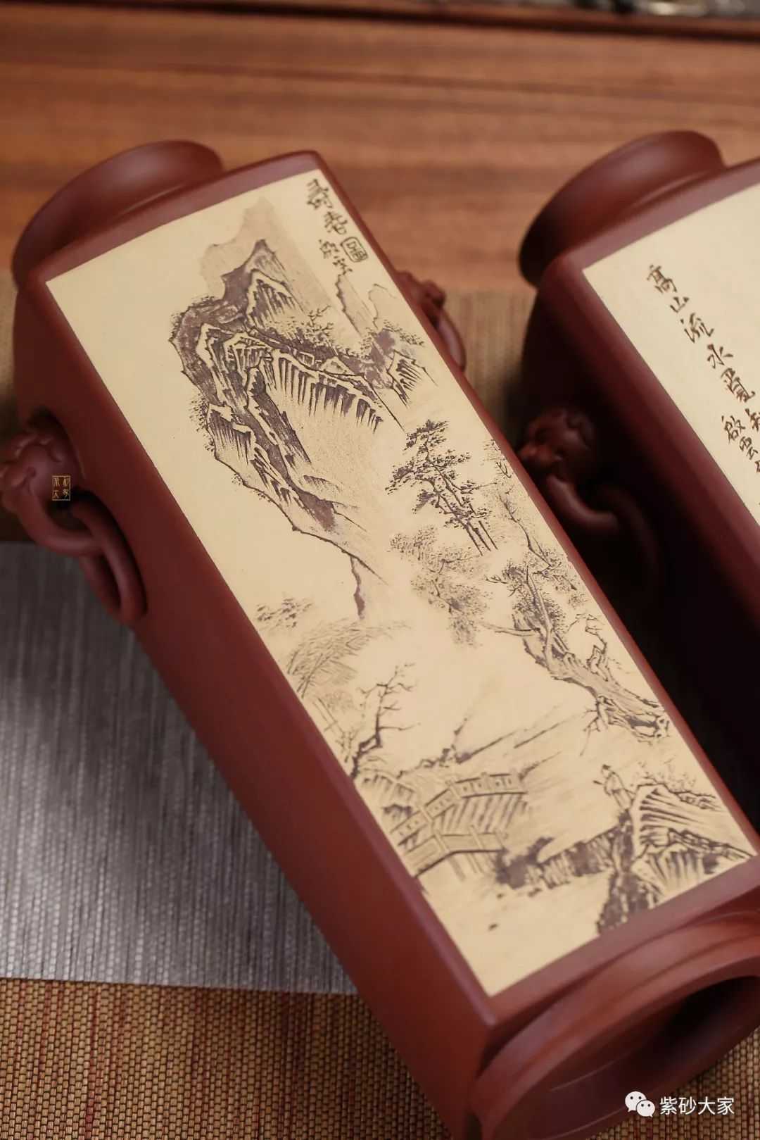 紫砂臻品毛华明兽耳吉樽山水对瓶