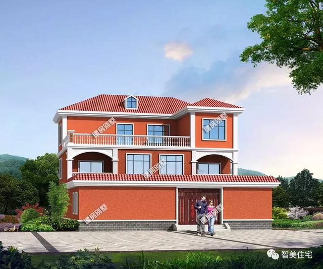 屋面配的也是红瓦,并开有一个老虎窗,庭院外墙亦是这种风格