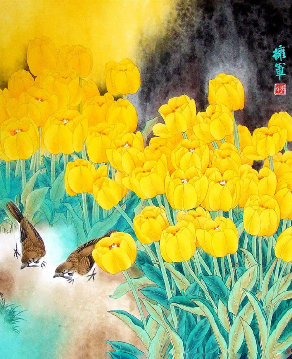 陈拥军画家《牡丹寿带鸟 色彩艳不俗》