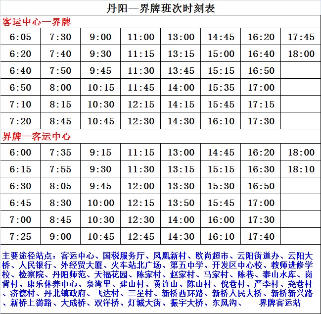 丹陽城市公交班次時刻表 1路 丹陽城鄉公交班次時刻表 201路 丹陽鎮村