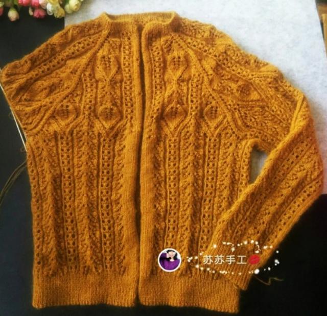 圆领开衫毛衣从领口往下编织叶子花样很漂亮