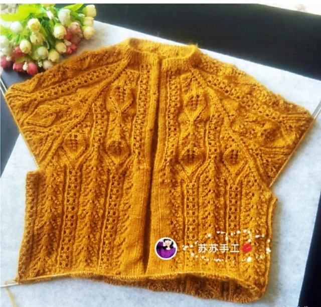 圆领开衫毛衣从领口往下编织叶子花样很漂亮