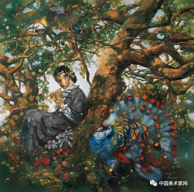 油画花丛中的女子