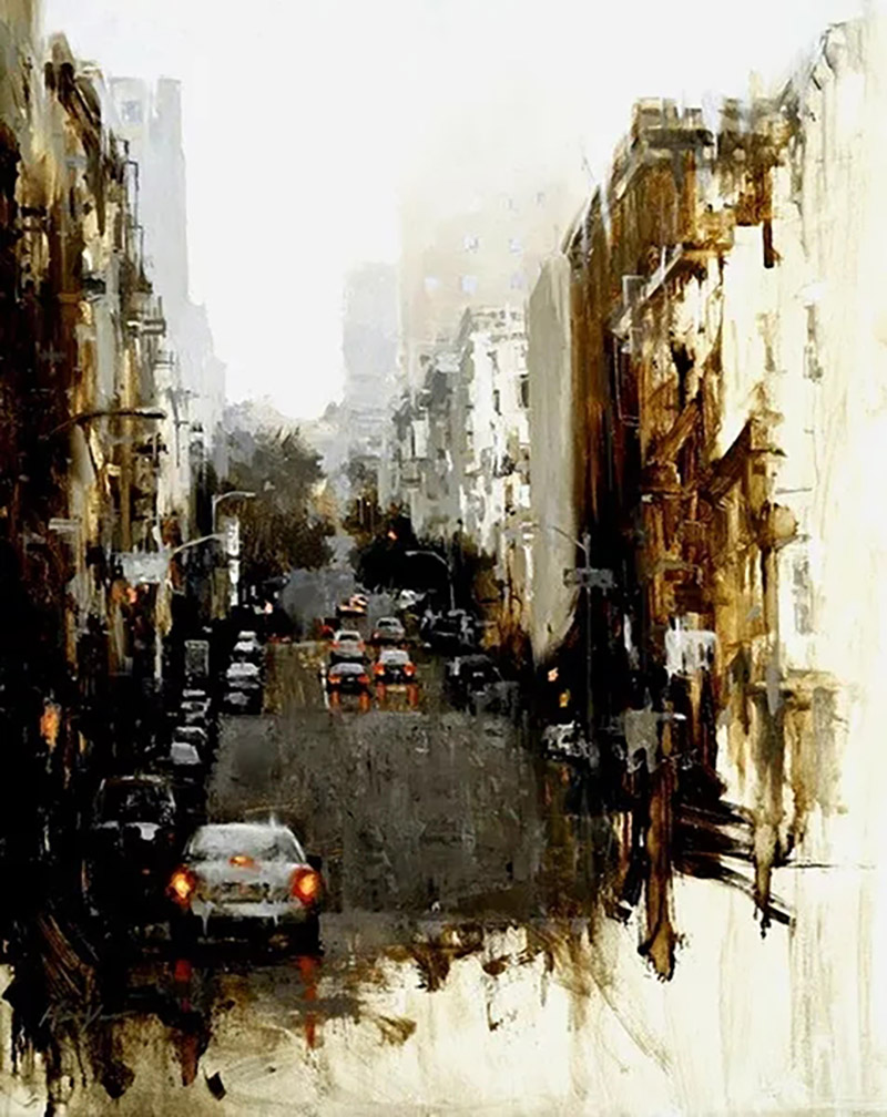 湿漉漉的画面感是画家表达对雨后城市的喜爱