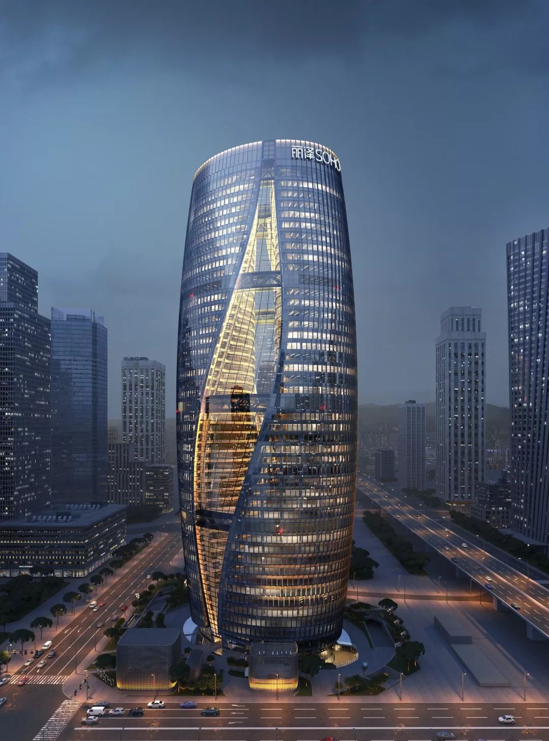 设计的最后一件建筑作品丽泽soho就像一颗"天空之眼"螺旋的建筑外观