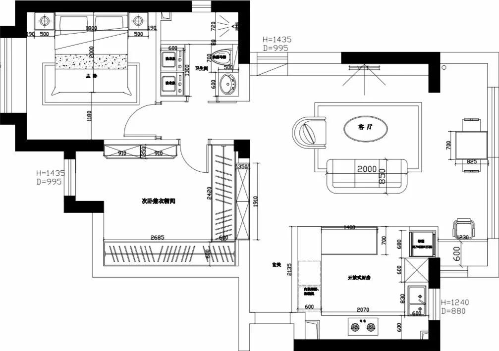 冰箱⑤主卧和厕所隔墙拆除重建④主卧和次卧隔墙打通开门③次卧房门