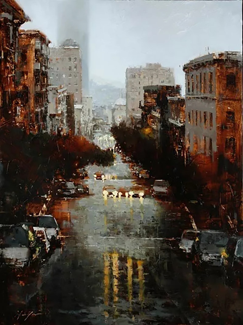 湿漉漉的画面感是画家表达对雨后城市的喜爱