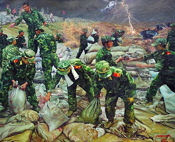 (2002年)和四川汶川56112大地震武警战士抢救同胞生命的油画《大爱