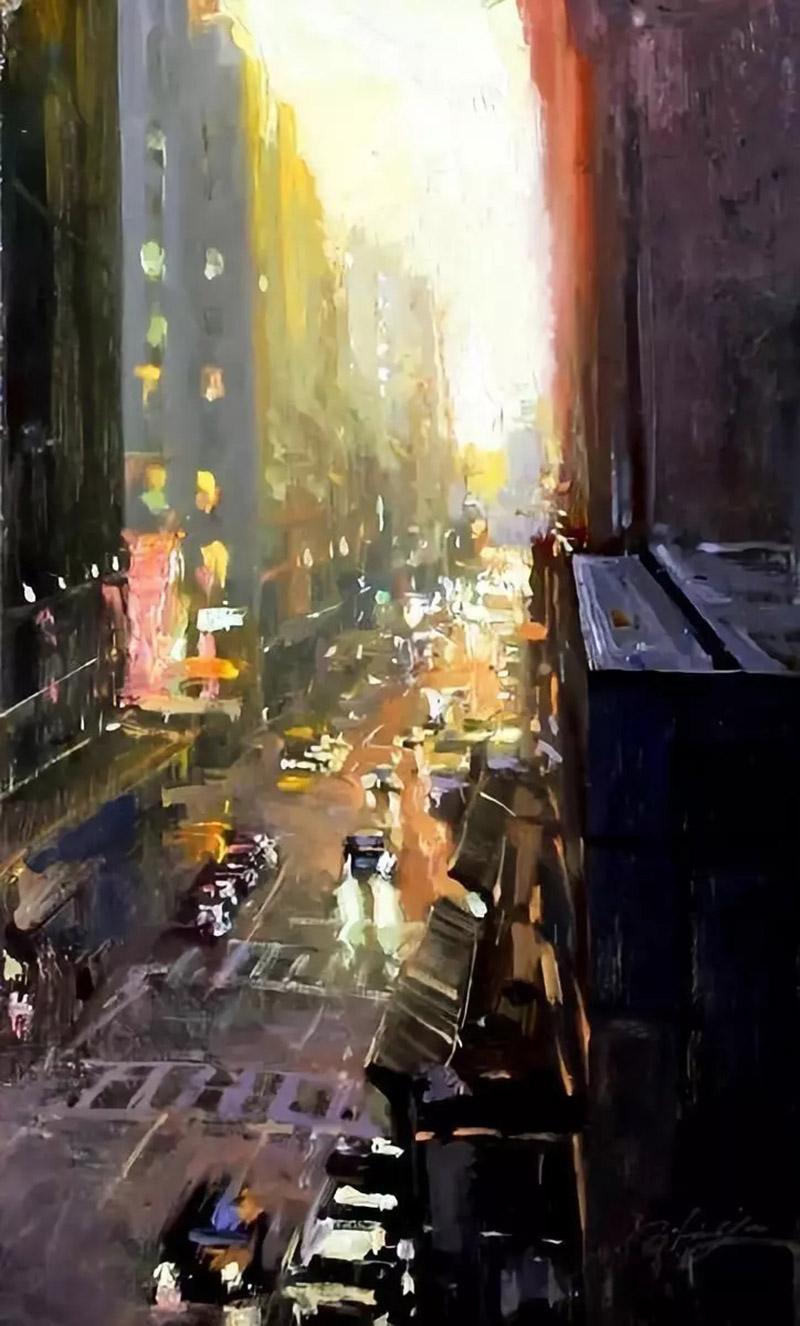 湿漉漉的画面感是画家表达对雨后城市的喜爱