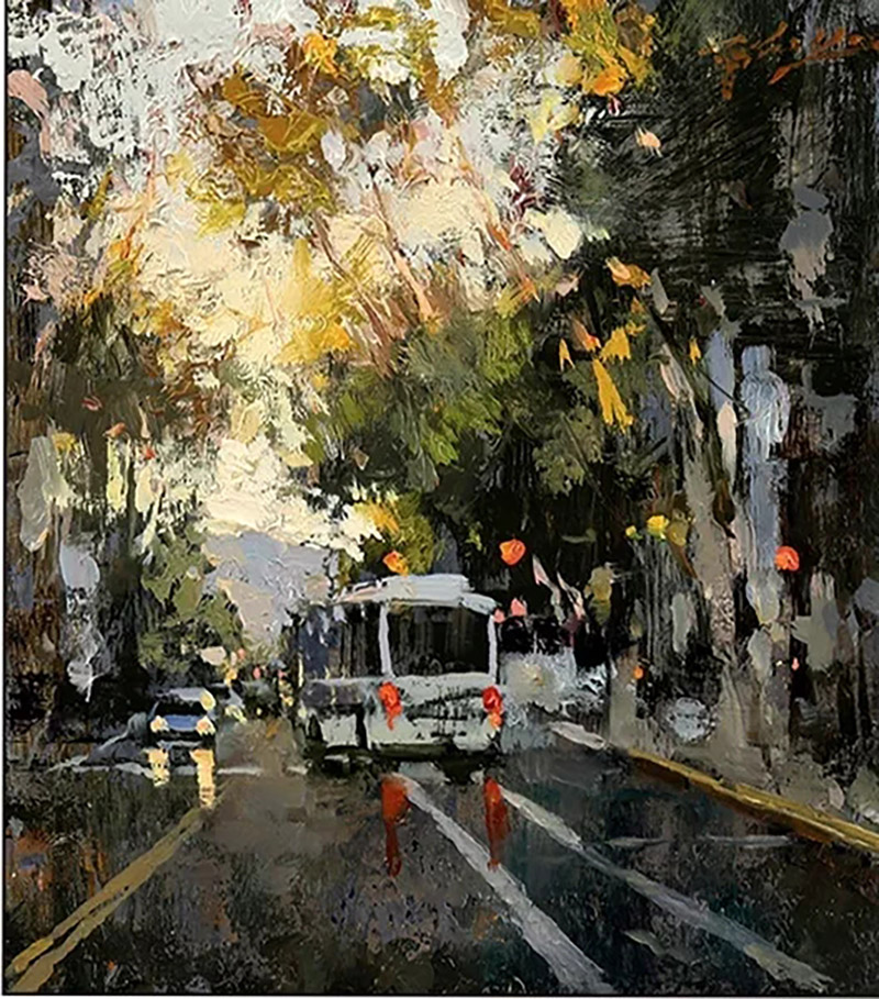 湿漉漉的画面感是画家表达对雨后城市的喜爱