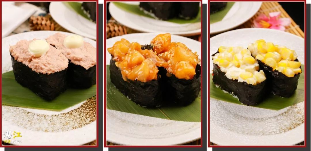 吃货们不容错过的军舰寿司系列吞拿鱼,螺肉,玉米沙律等等口味选择超级