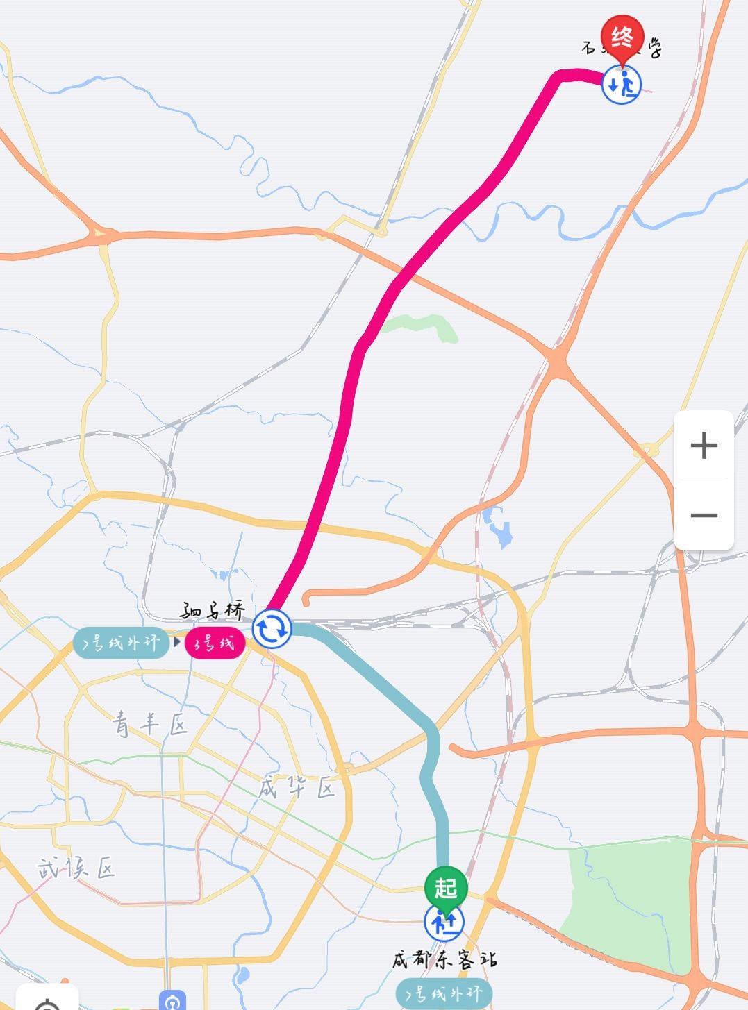 線 (成都醫學院方向)→石油大學站→西柚南大門火車北站來校路線路線