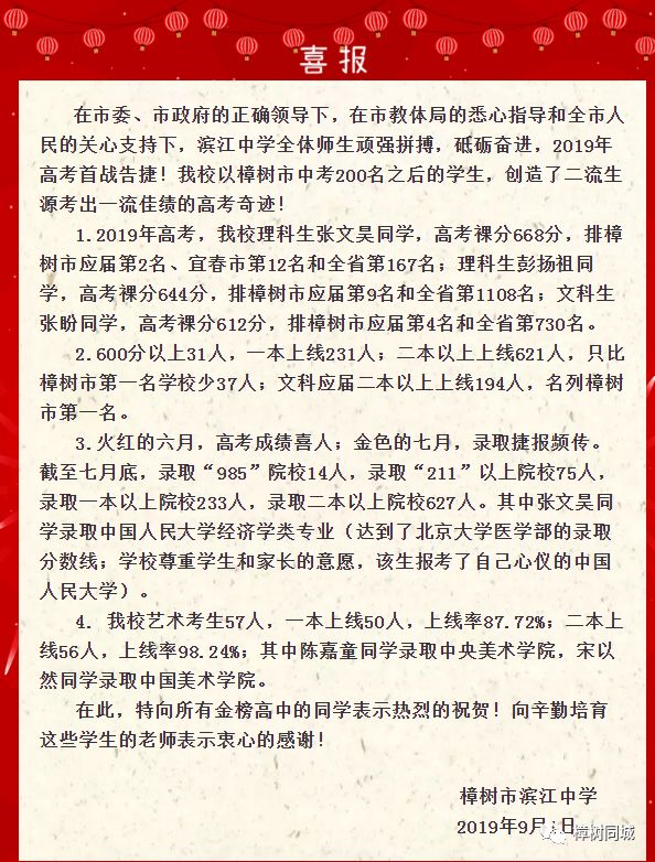 樟树市滨江中学喜报